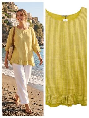 NWT Lungo L'Arno Italian Linen Yellow White Stripe Top w Ruffle Hem 3/4 Sleeve S